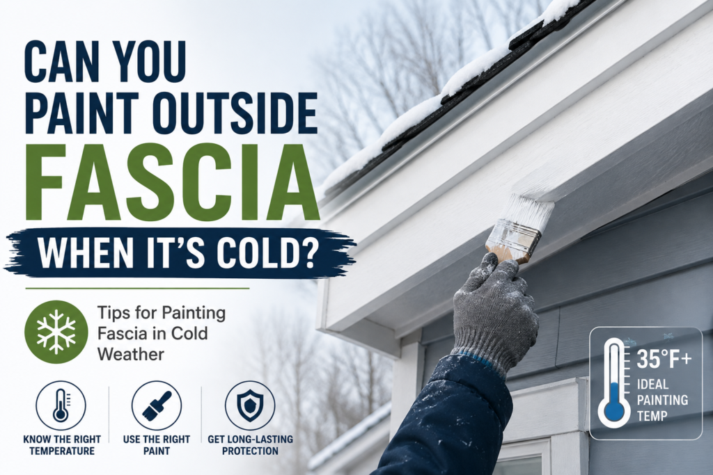 Can you paint outside fascia when it's cold – professional painter applying exterior paint to fascia boards during cold weather using proper painting techniques.