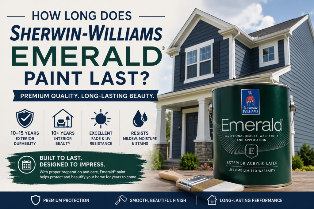 How long does Sherwin-Williams Emerald paint last – Sherwin-Williams Emerald exterior paint can displayed in front of a freshly painted home, highlighting its long-lasting durability and premium finish.