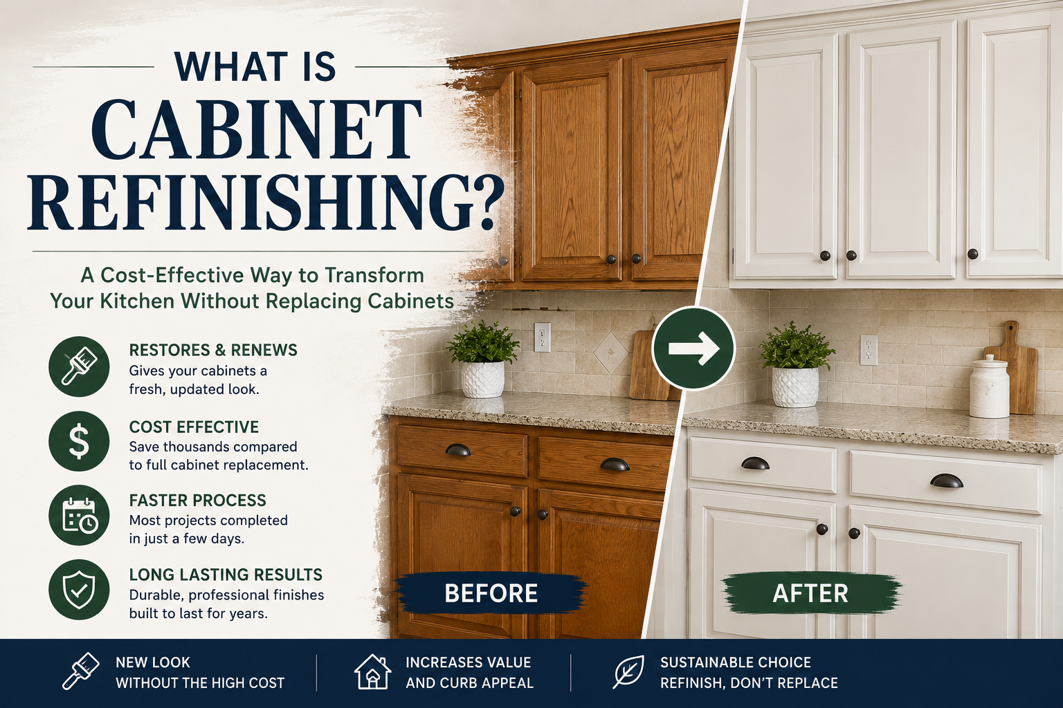 What is cabinet refinishing – before and after kitchen cabinets showing how professional cabinet refinishing transforms outdated wood cabinets with a fresh, modern finish.