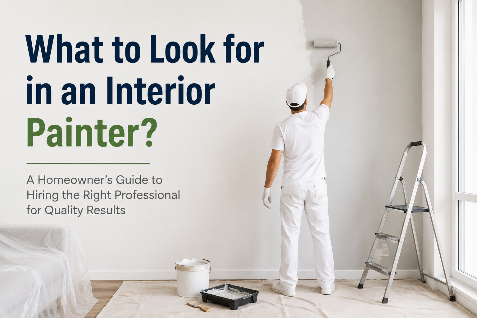 What to look for in an interior painter – professional painter painting an interior wall in a modern home.