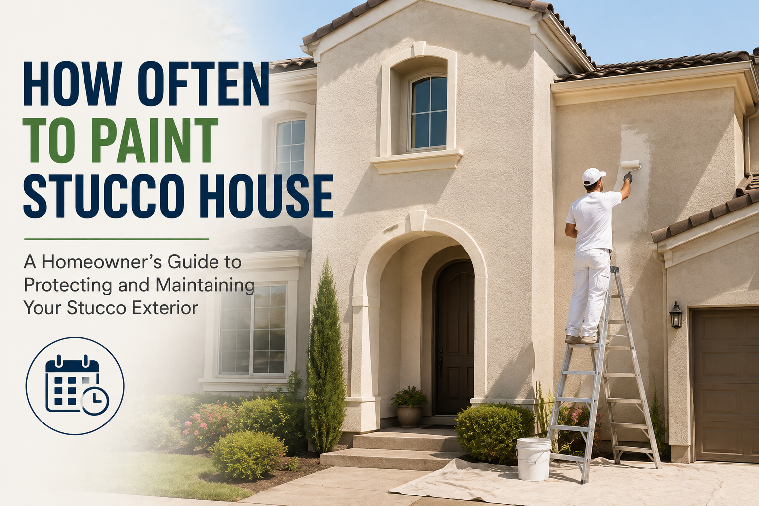 How often to paint stucco house – professional painter applying fresh exterior paint to a residential stucco home to protect and maintain its finish.