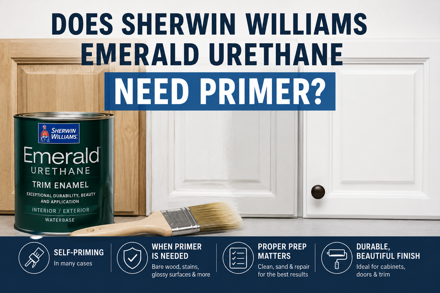 Does Sherwin Williams Emerald Urethane need primer showing cabinet doors being prepared, primed, and painted.