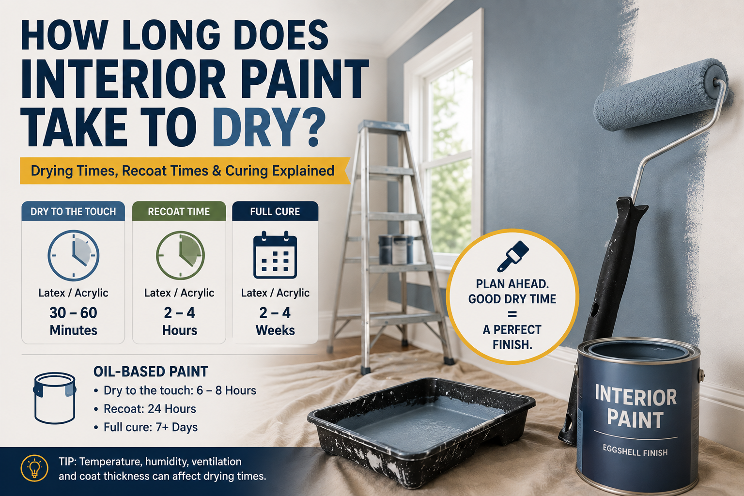 How long does interior paint take to dry showing a freshly painted room with a roller, paint tray, and drying wall.
