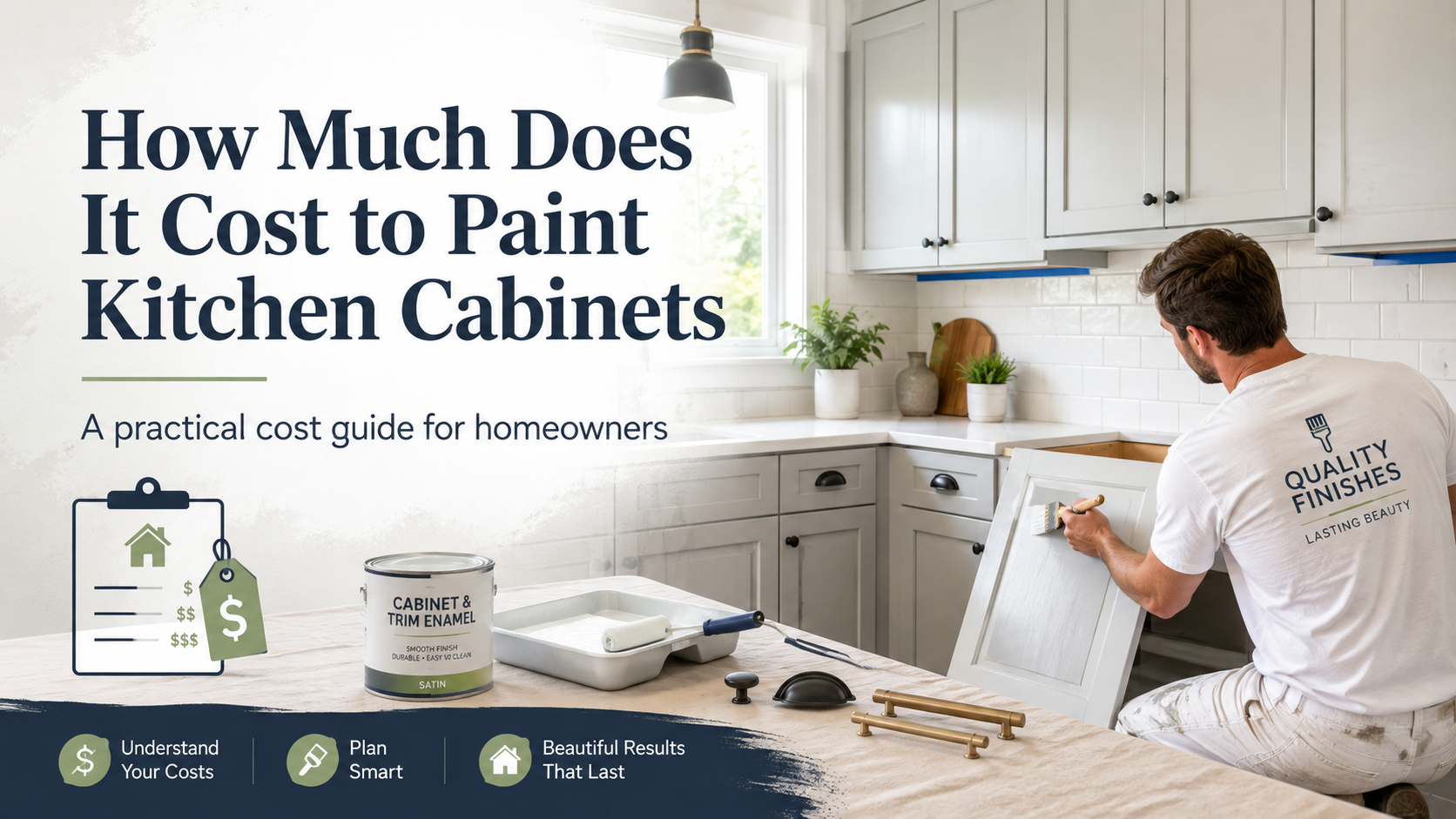 Professional painter applying white paint to a kitchen cabinet door during a cabinet refinishing project.