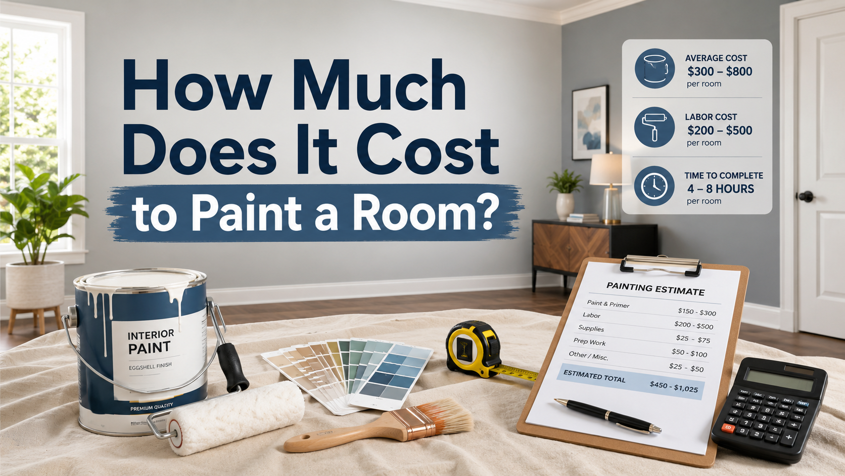 How much does it cost to paint a room showing a professionally painted interior with paint supplies and protected furniture.