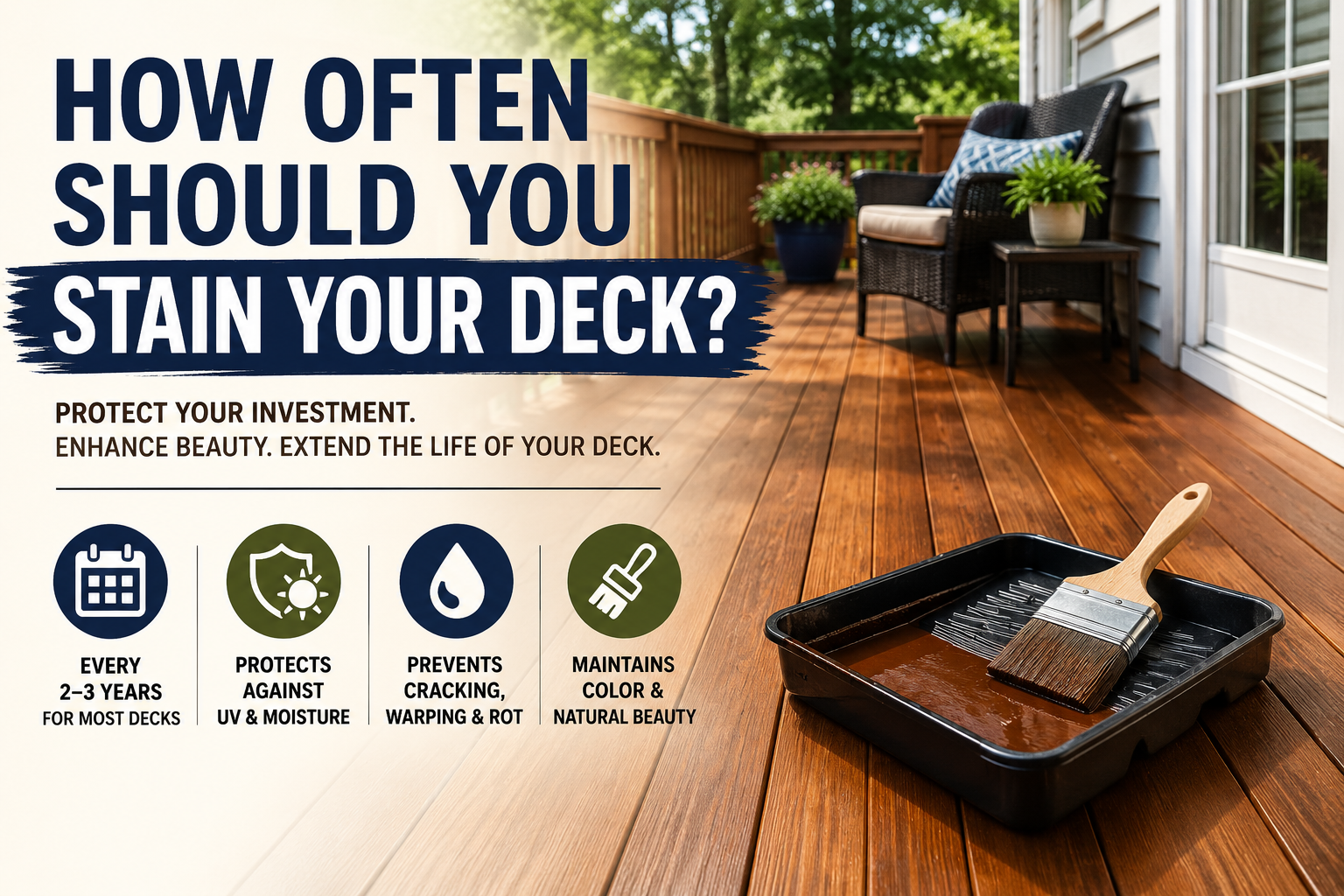 How often should you stain your deck showing a freshly stained wooden deck with a rich, protected finish.
