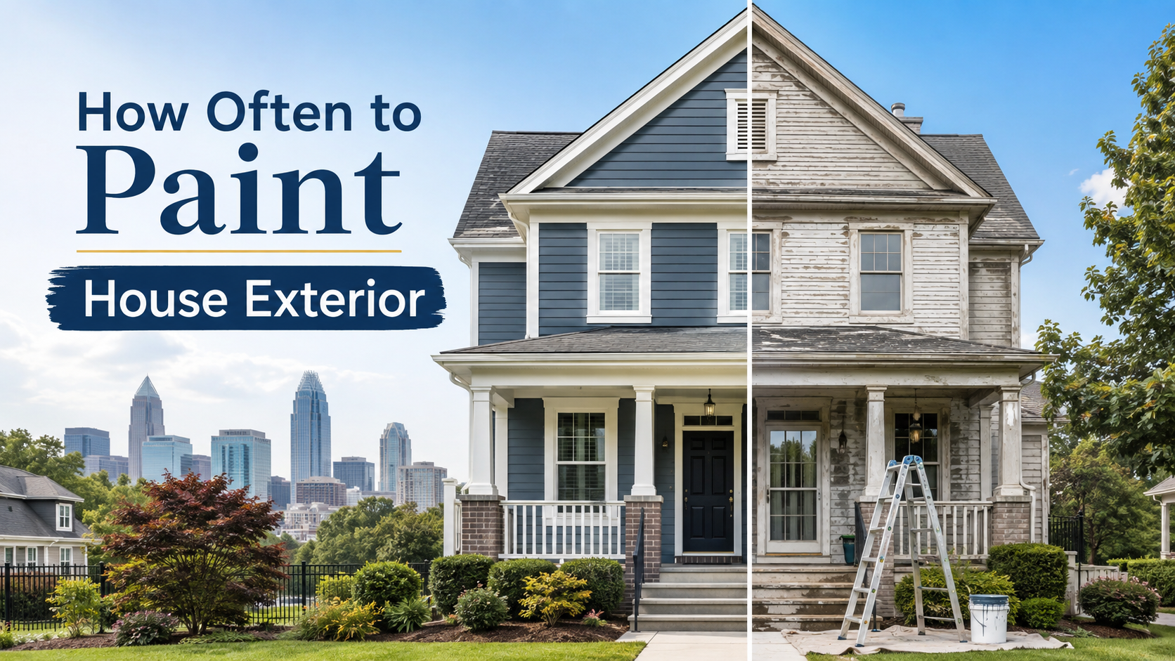 How often to paint house exterior showing a freshly painted home and signs of fading, cracking, and peeling paint.