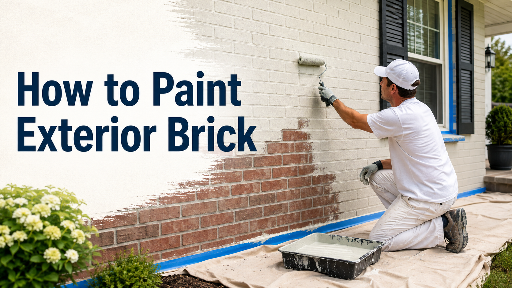 Professional painter applying white exterior paint to a brick house wall with a roller