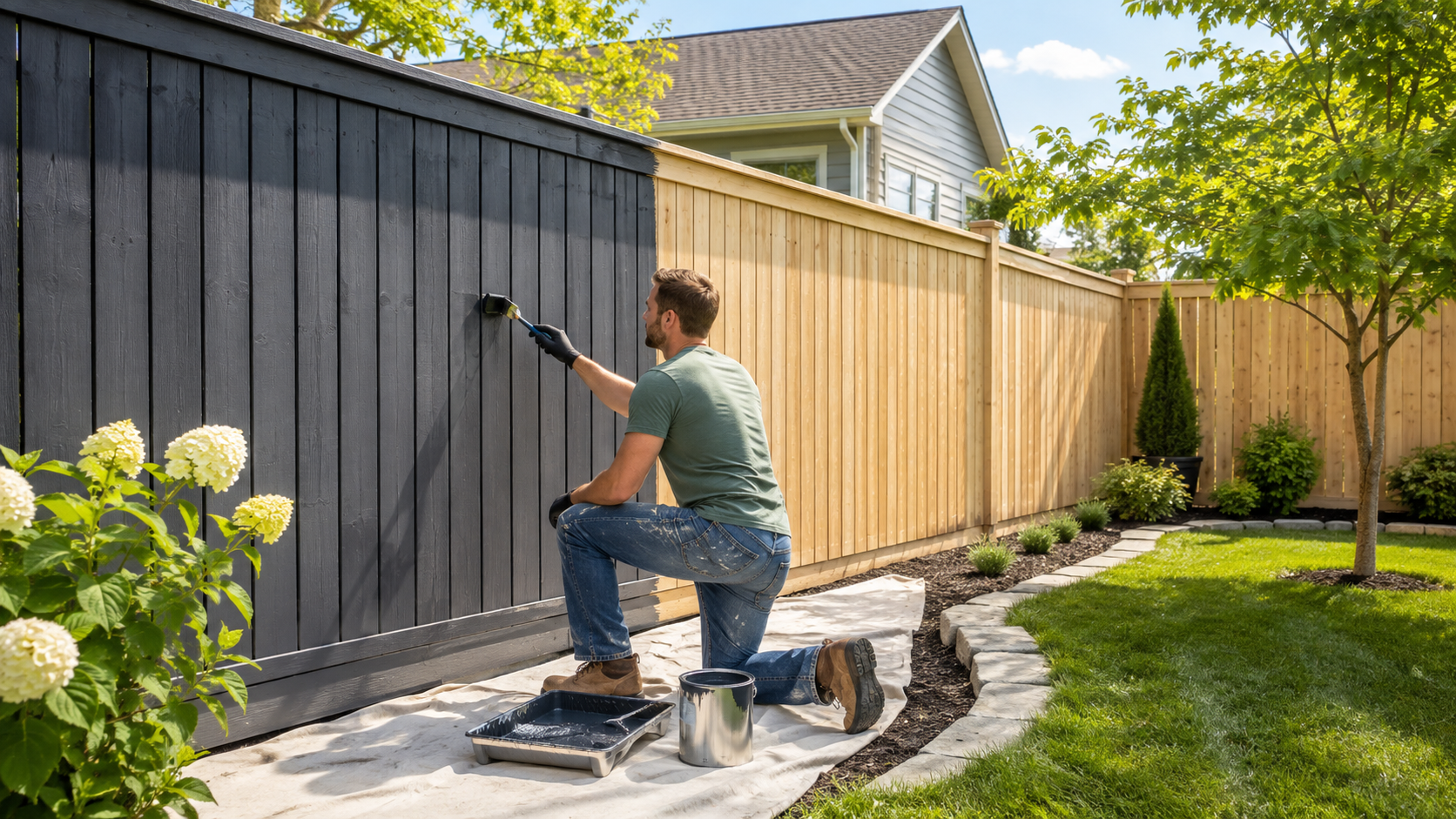 Homeowner painting a wooden backyard fence dark gray with a brush while protecting the landscaping with a drop cloth.