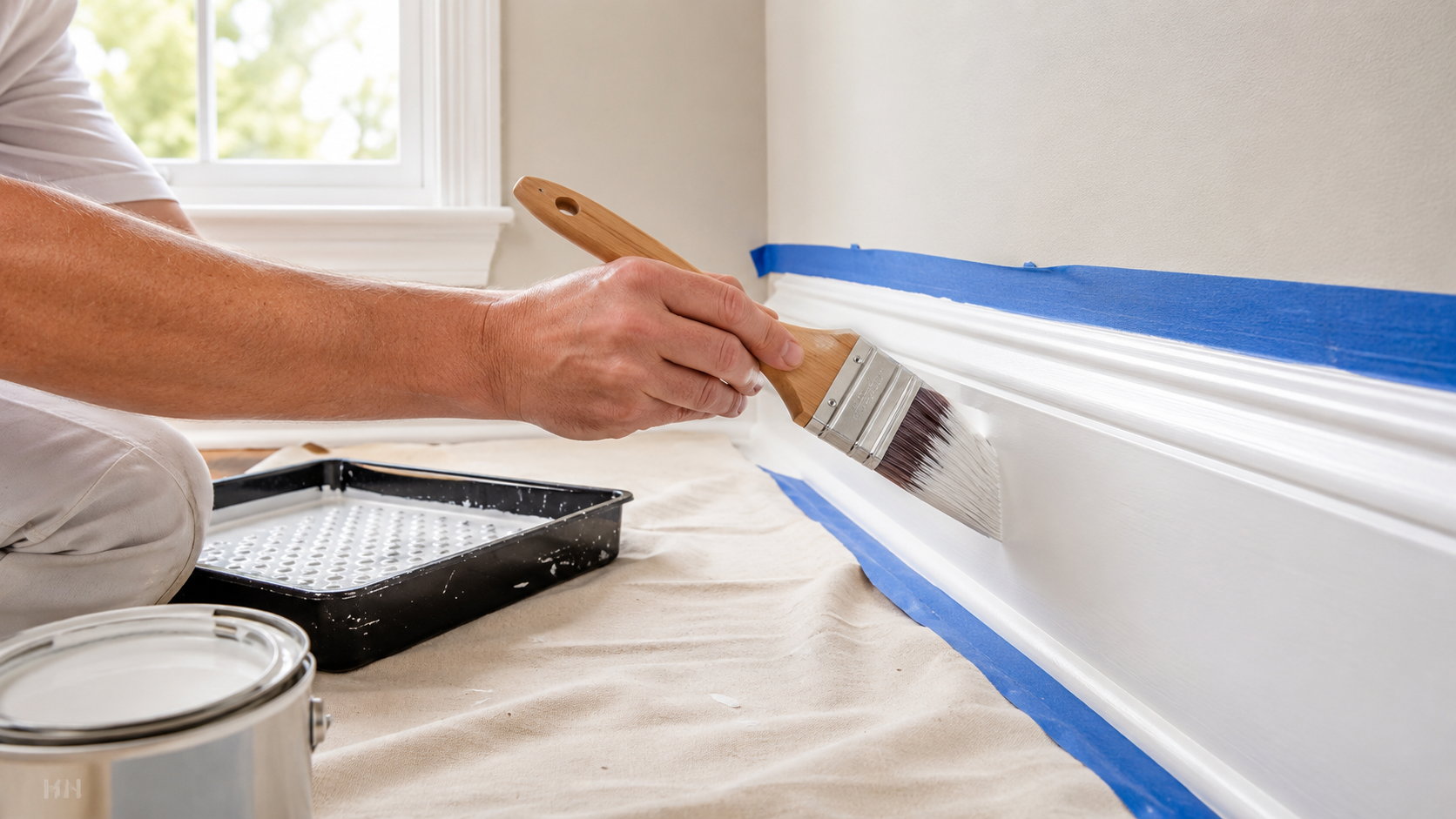 Painter applying white paint to interior baseboard trim with a brush and blue painter’s tape protecting the wall.