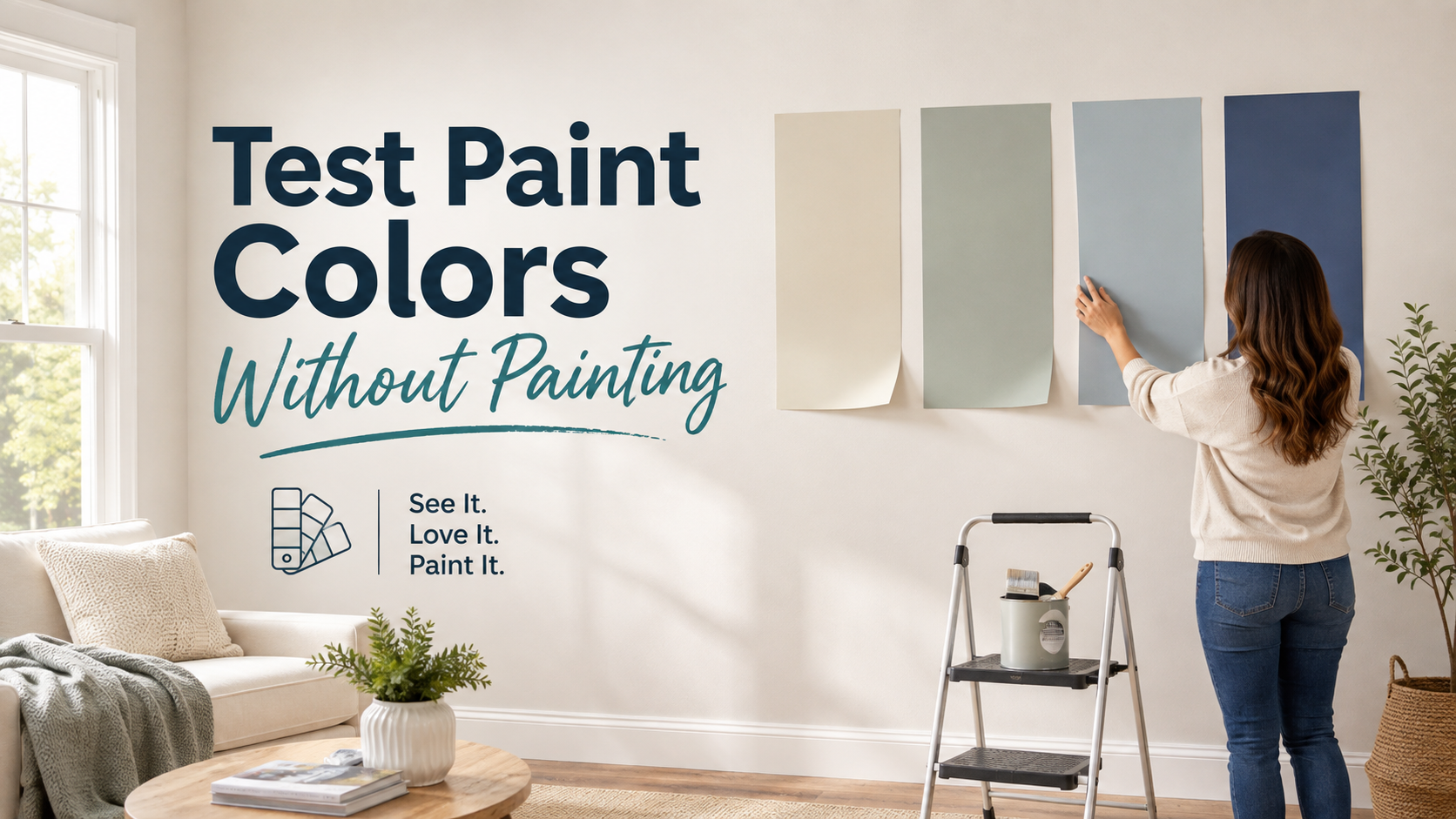 Homeowner testing removable paint color samples on a living room wall without painting the surface.