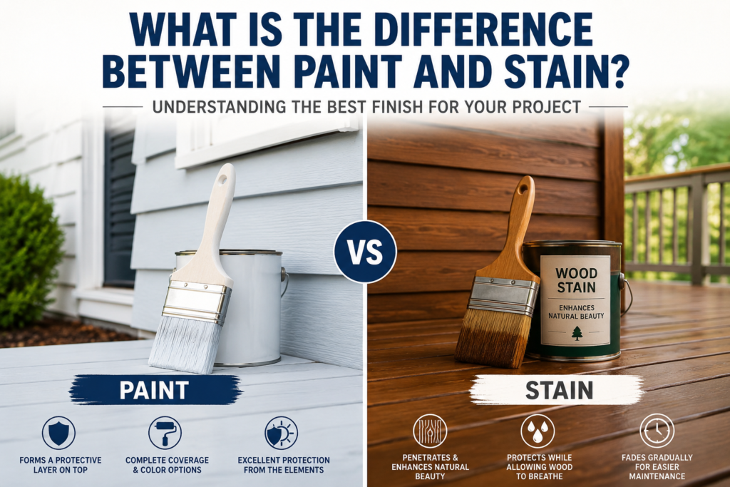 What is the difference between paint and stain showing painted and stained wood surfaces for comparison.