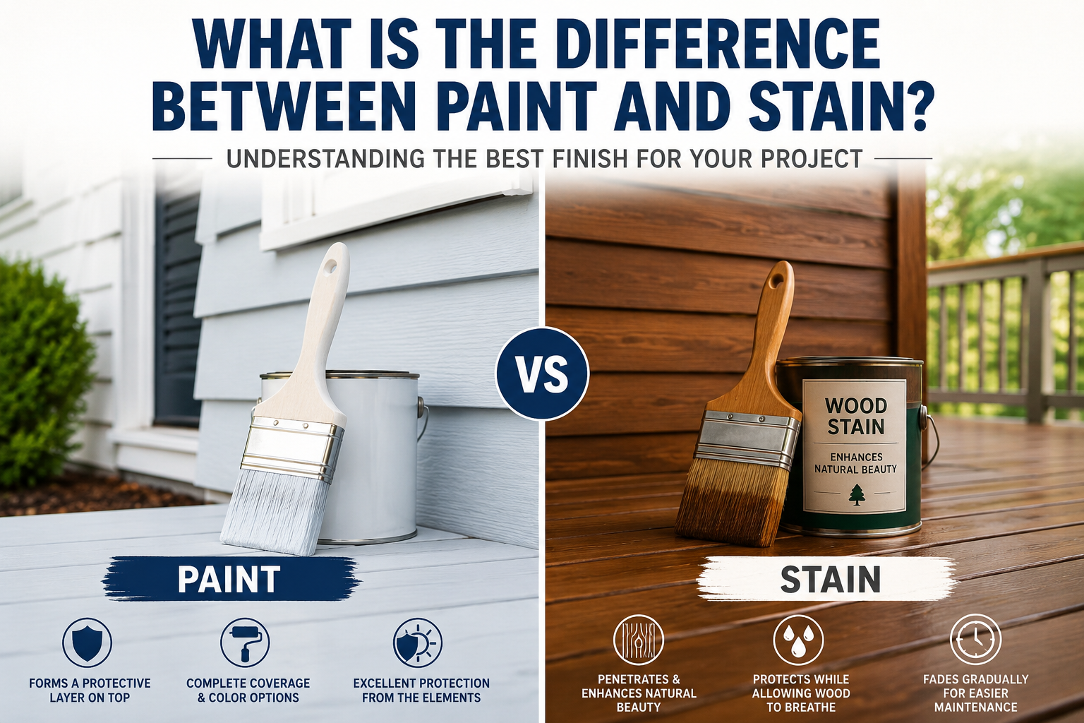 What is the difference between paint and stain showing painted and stained wood surfaces for comparison.