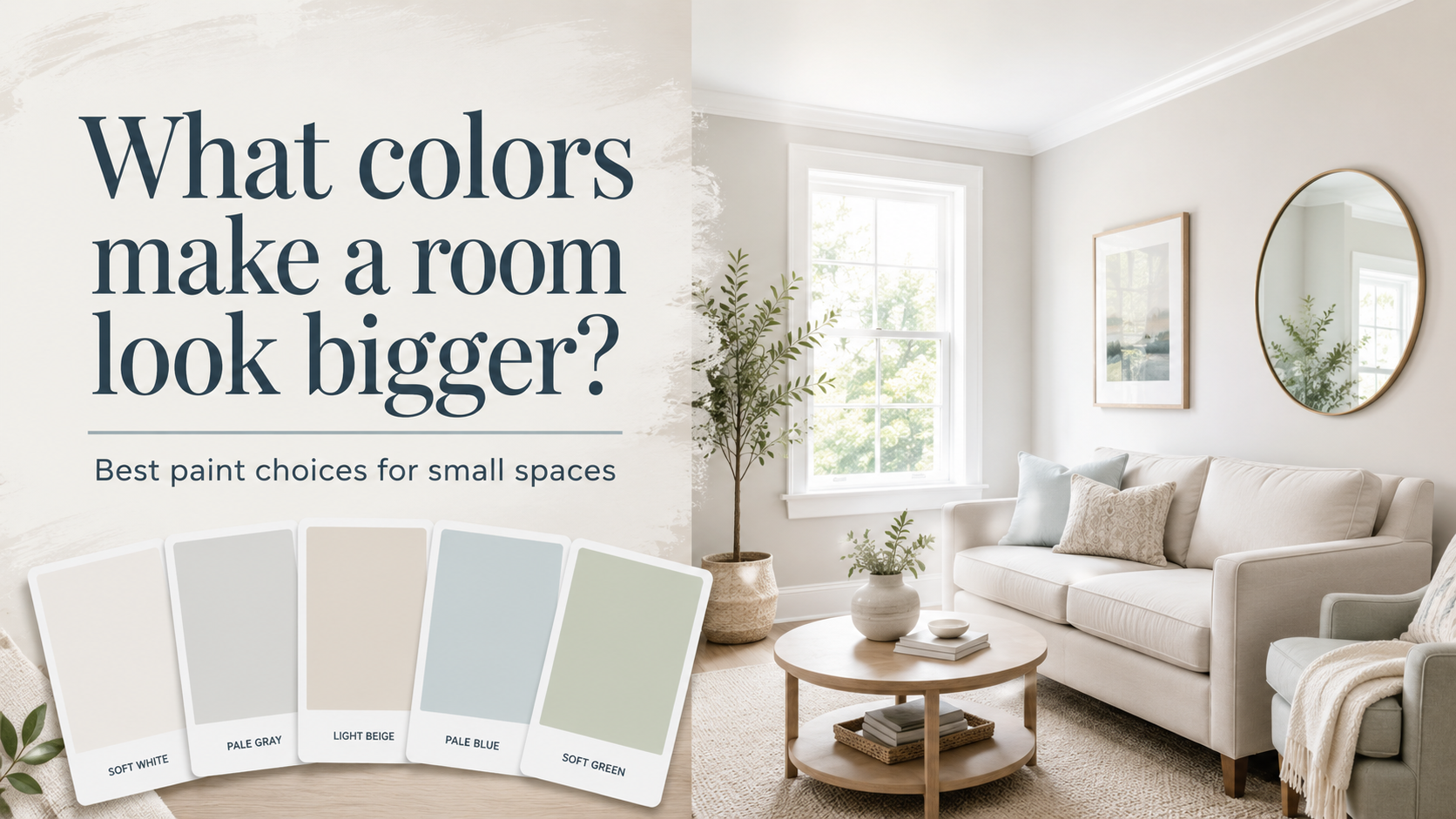 Bright living room with soft white, pale gray, light beige, pale blue, and soft green paint samples showing what colors make a room look bigger
