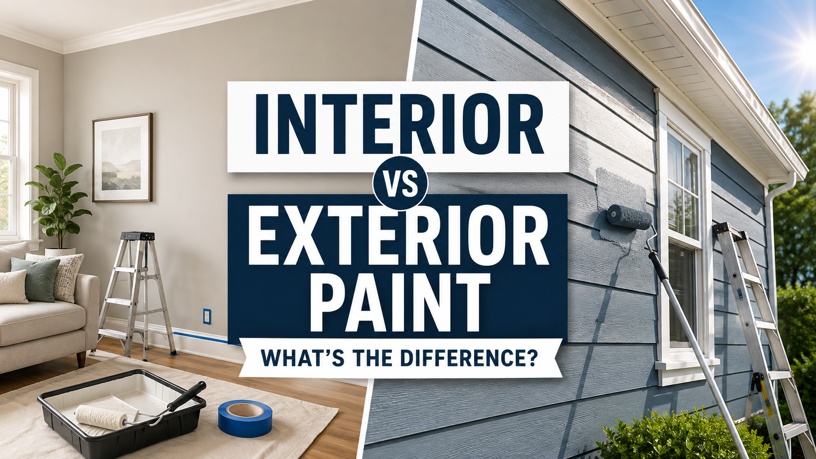 Interior vs exterior paint comparison showing indoor wall painting and exterior house siding painting