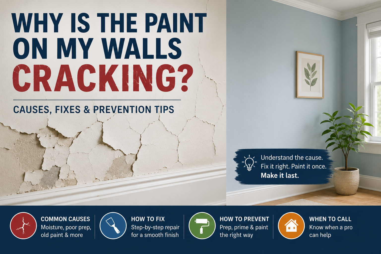 Why is the paint on my walls cracking showing cracked interior wall paint and a repaired smooth painted surface.