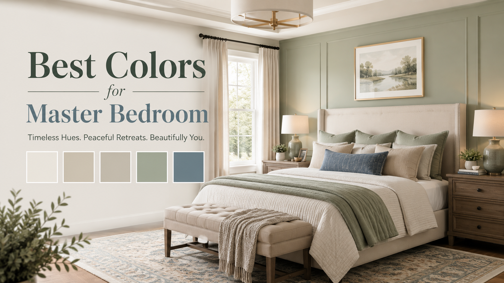 Best colors for master bedroom walls featuring soft green, warm neutral, and blue tones.
