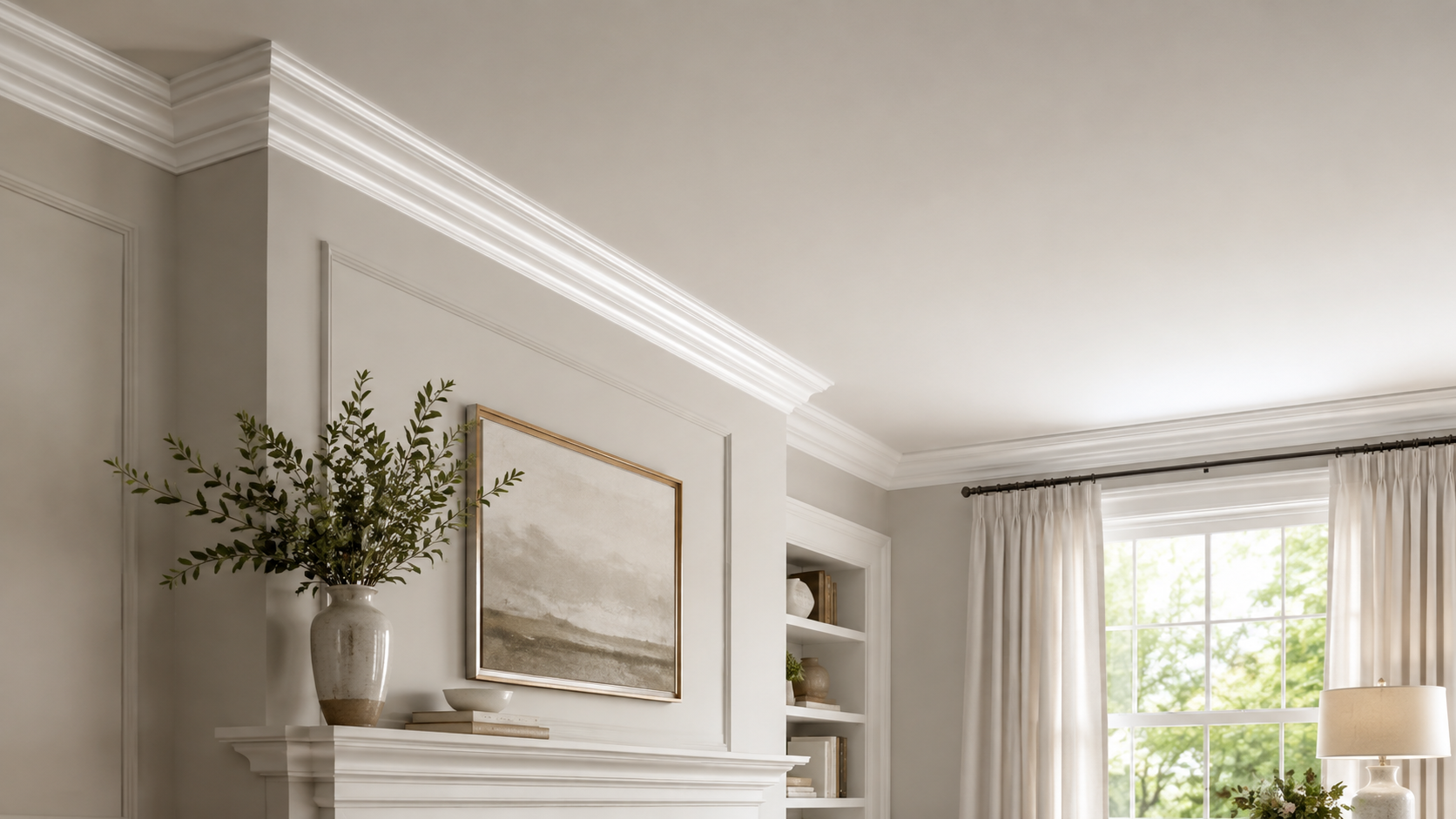 What is crown molding shown in an elegant living room with decorative ceiling trim.