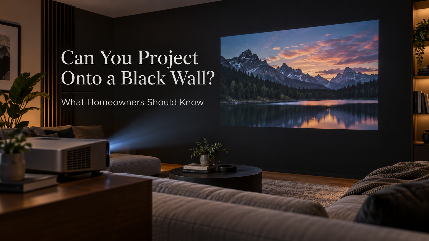 Can you project onto a black wall featured image showing a home theater projector displaying a bright image on a dark painted wall.