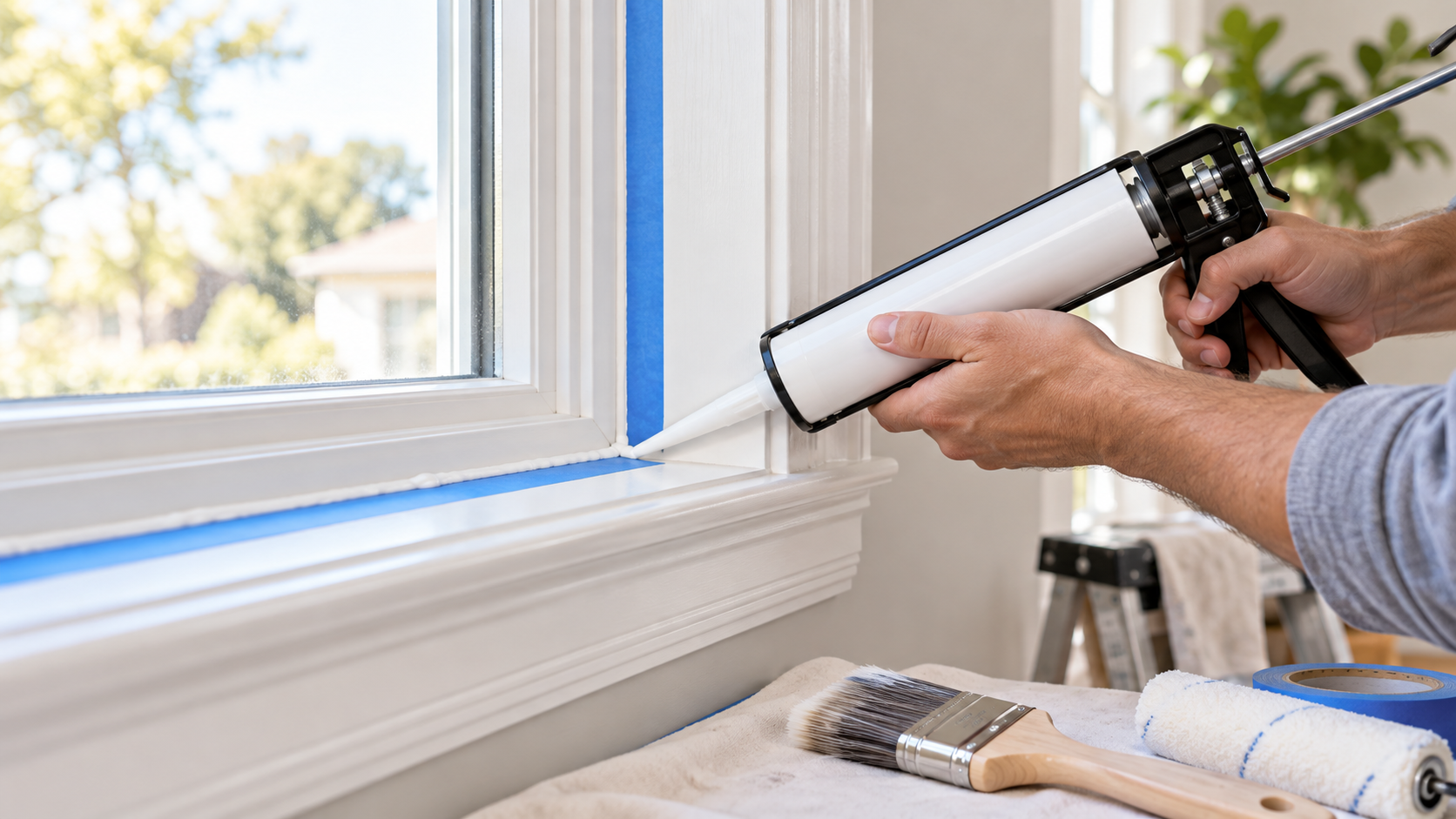 Do you caulk windows before or after painting featured image showing fresh caulk being applied neatly around white window trim before painting.