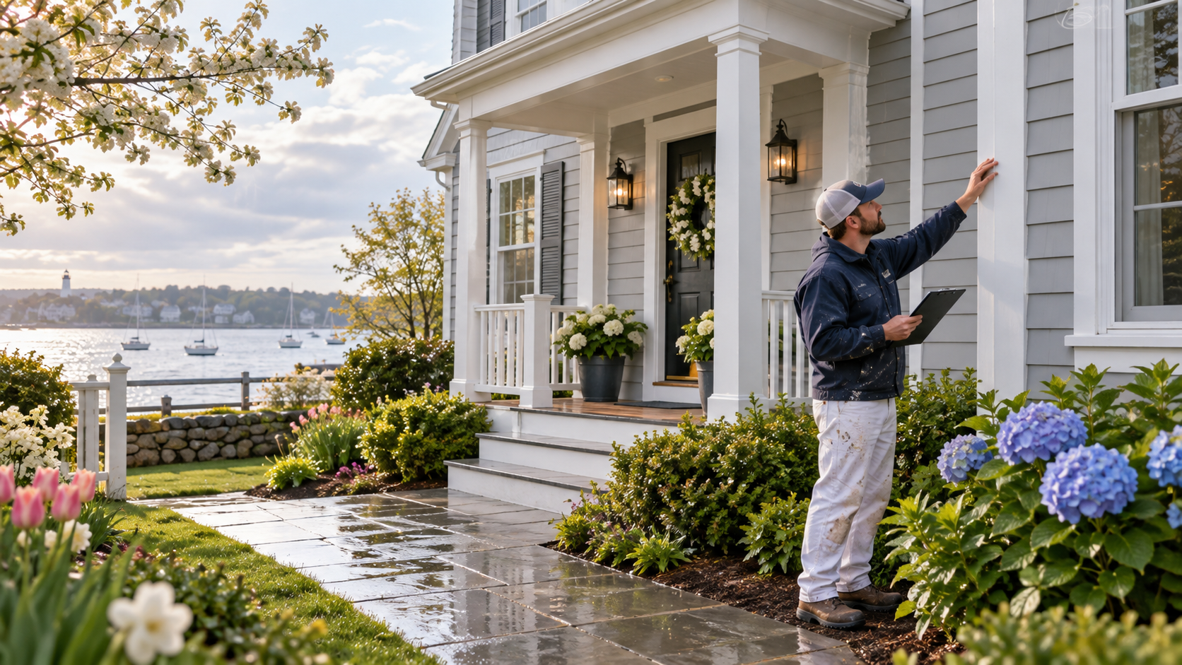 Professional inspecting a coastal Beverly, Massachusetts home exterior during spring after wet weather.