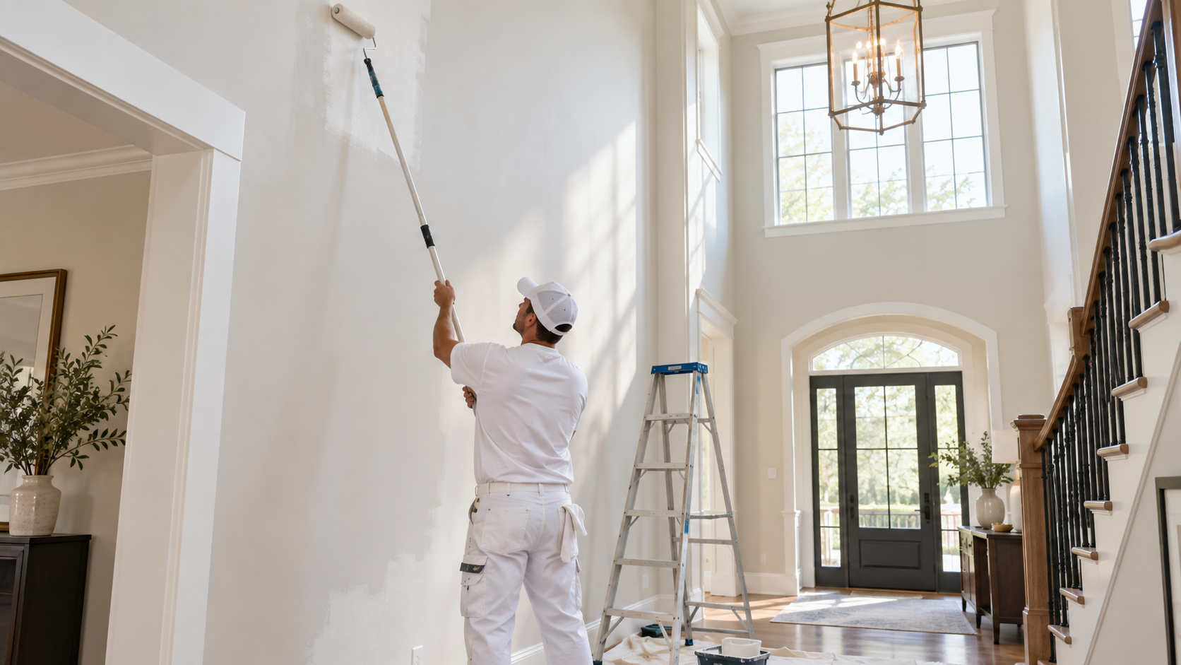 Professional painter using an extension pole to paint a high wall in a bright two-story foyer.