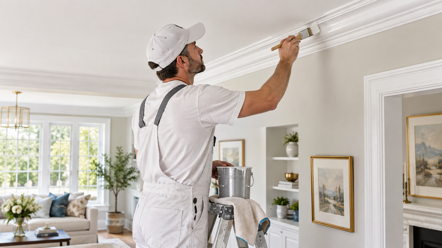 Professional painter applying white paint to crown molding in a bright interior room.