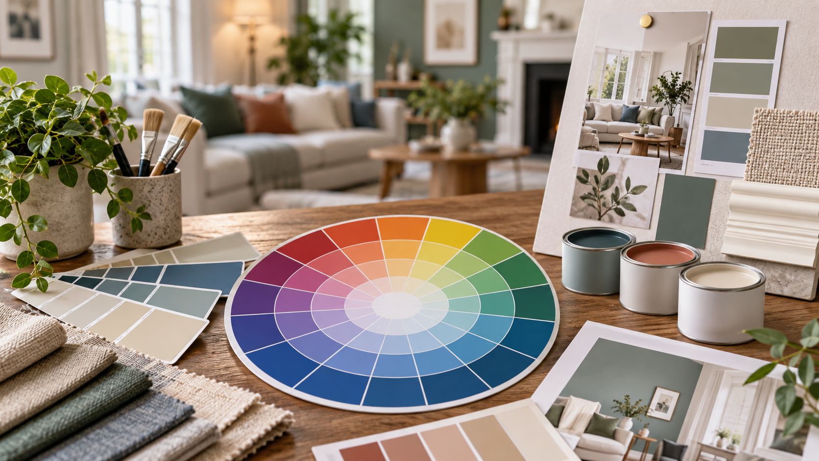 Color wheel with paint swatches, paint cans, fabric samples, and an interior design mood board for choosing room colors.