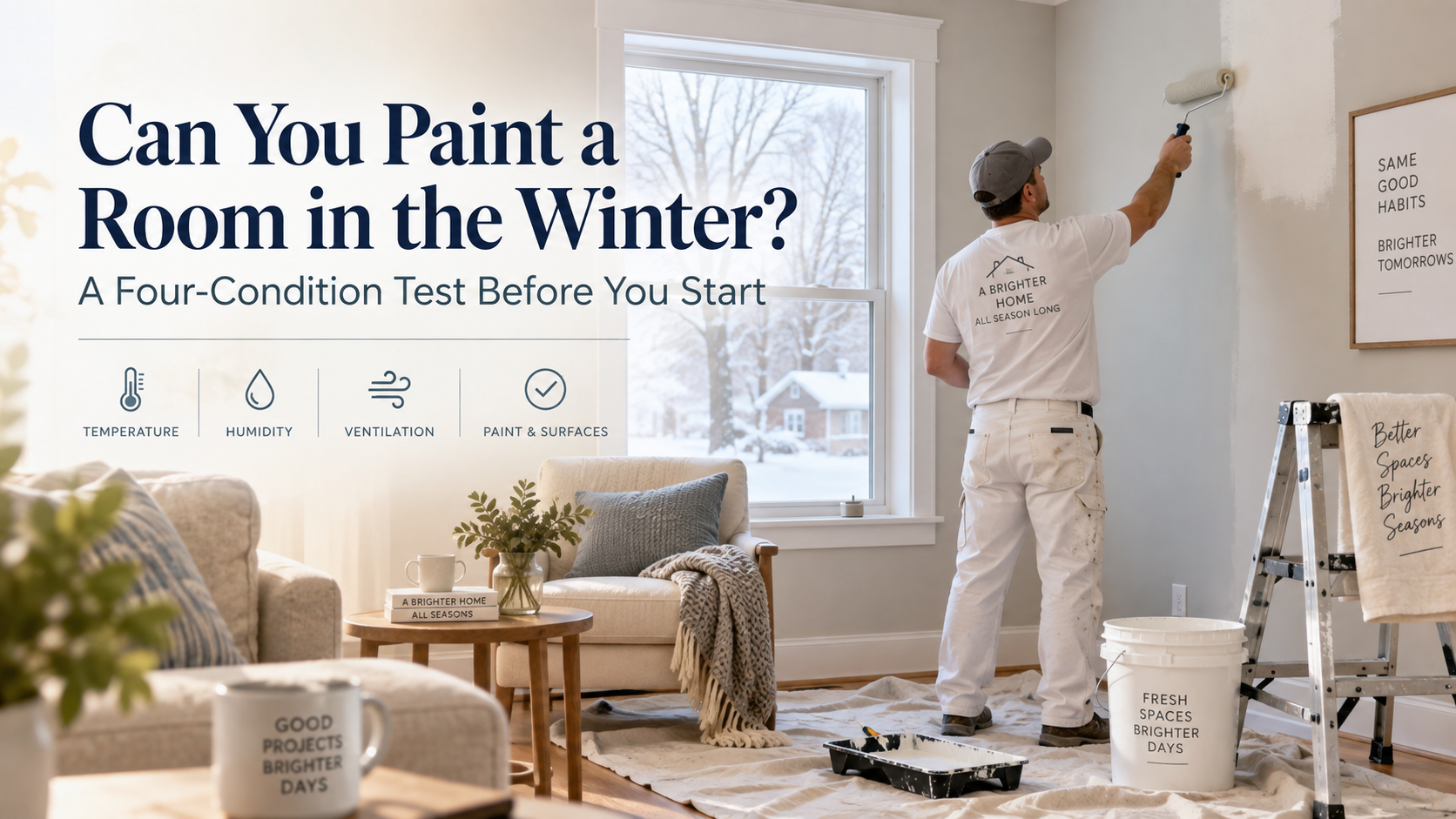 Can you paint a room in the winter featured image showing an interior painting project with cold weather visible outside.