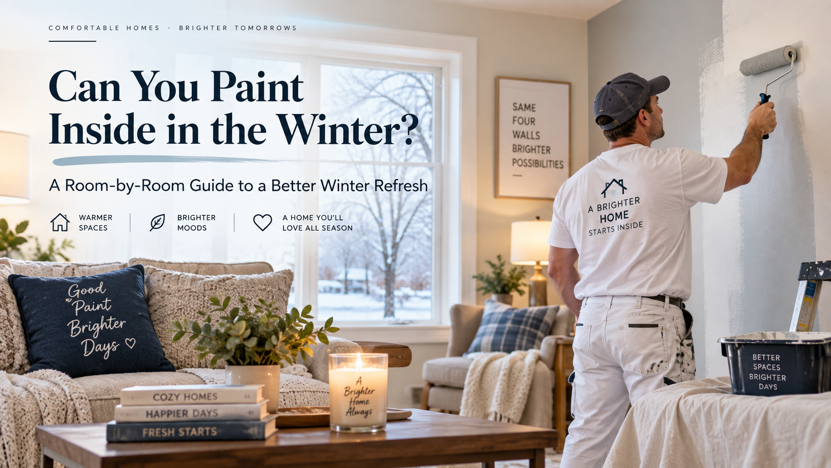 Can you paint inside in the winter featured image showing a professional painter refreshing an interior room during cold weather.