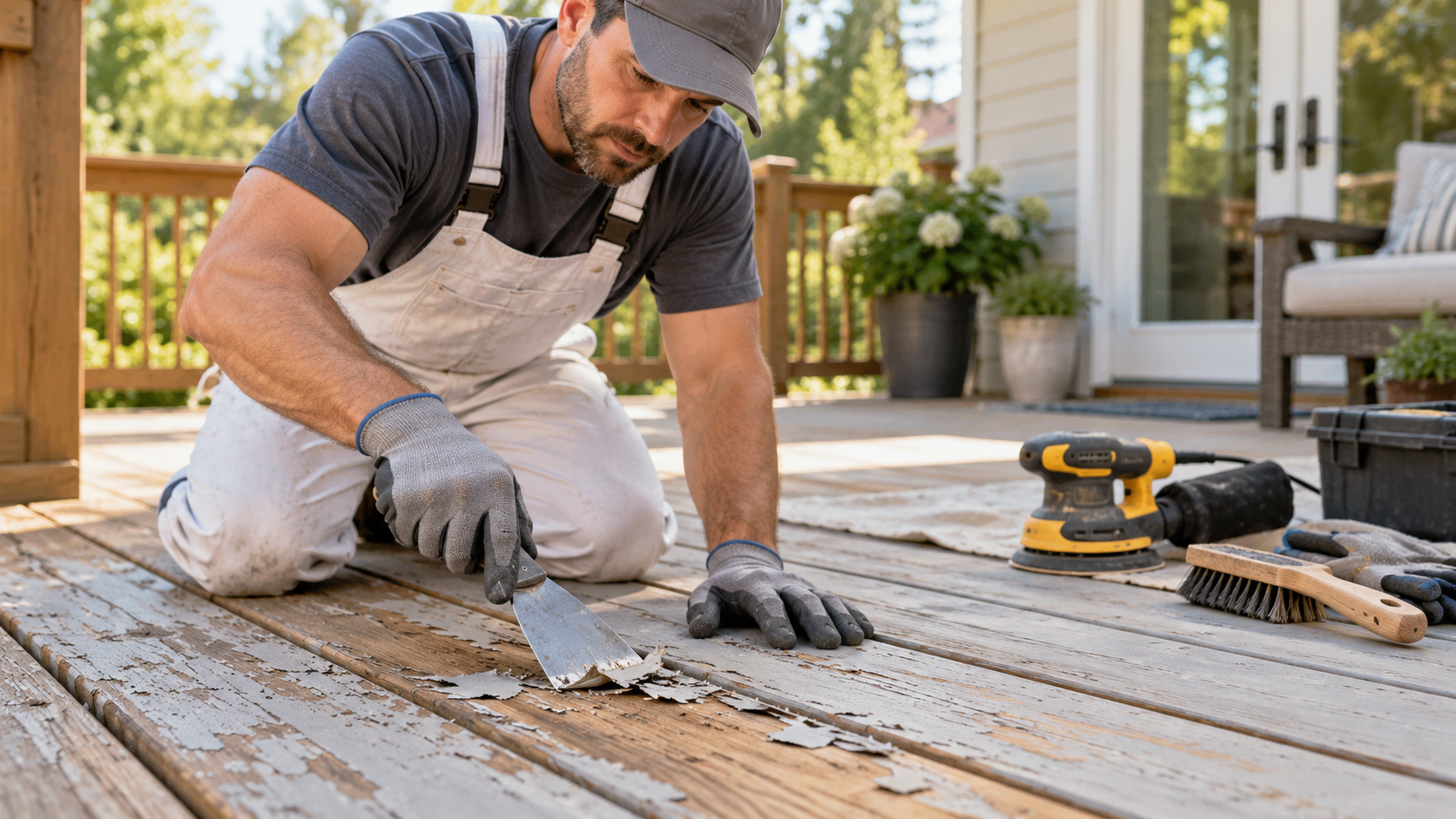 Professional scraping peeling paint from a weathered wood deck before sanding and refinishing.