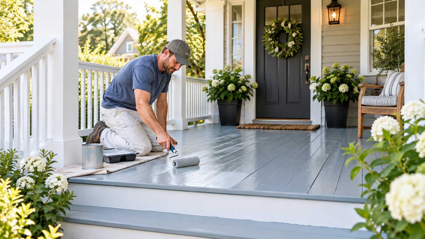 Professional painter applying fresh gray paint to a wooden porch floor with white railings, columns, and exterior trim.