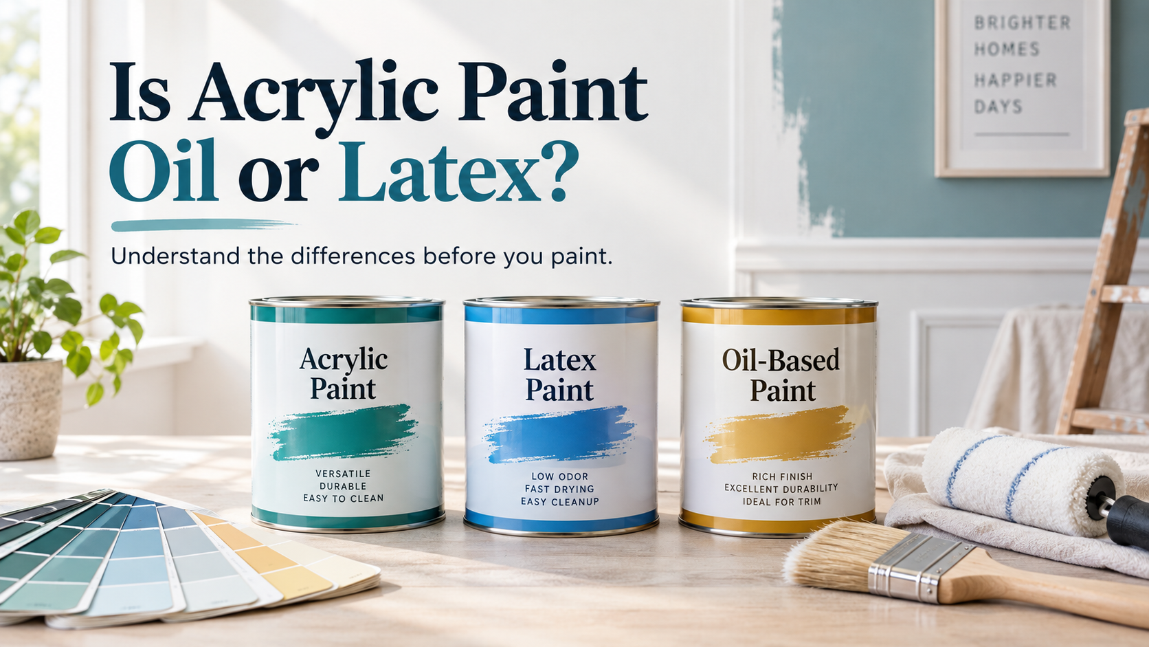 Is acrylic paint oil or latex comparison showing acrylic, latex, and oil-based paint cans with painting tools.