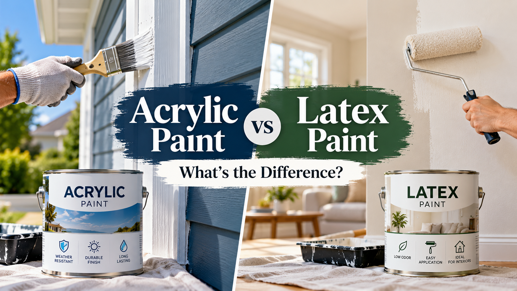 Acrylic vs latex paint comparison showing exterior siding painted with acrylic paint and an interior wall painted with latex paint, highlighting their differences.