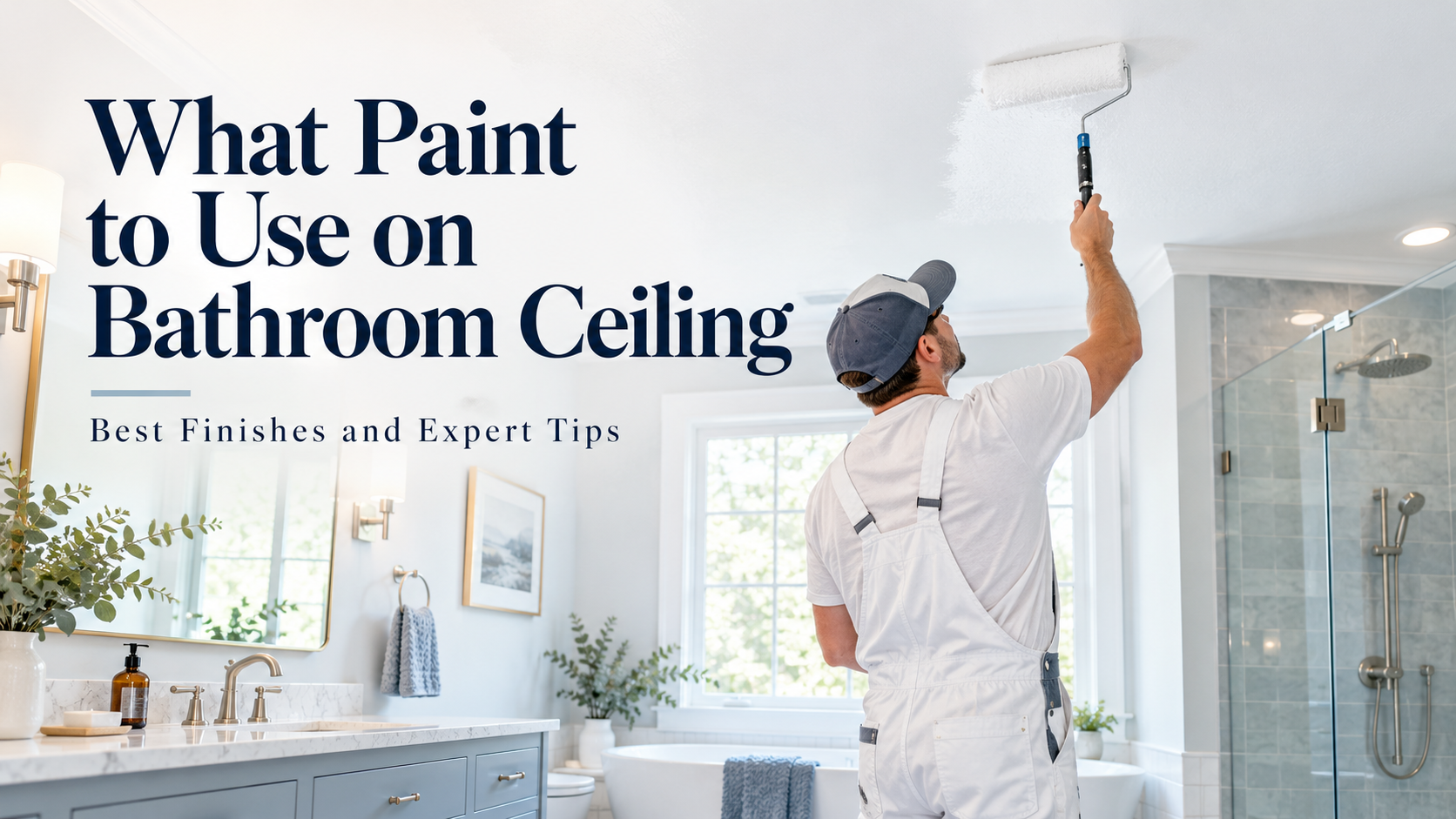 Professional painter applying white paint to a bathroom ceiling with a roller in a modern bathroom, demonstrating the best paint for bathroom ceilings.
