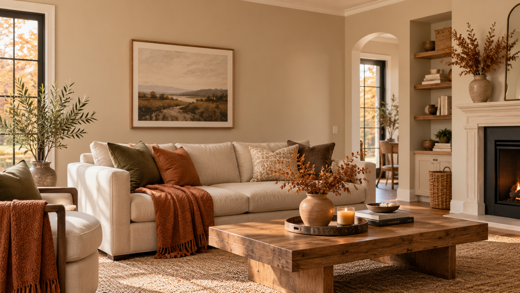 Cozy autumn living room with warm beige painted walls, cream sofa, terracotta accents, and natural wood furniture.