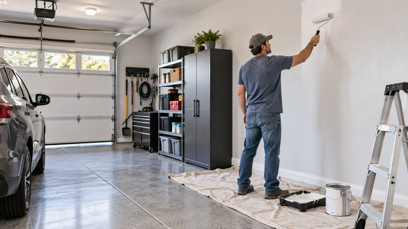 Man painting garage walls light gray with a roller in a clean, organized garage with storage cabinets and a parked car.