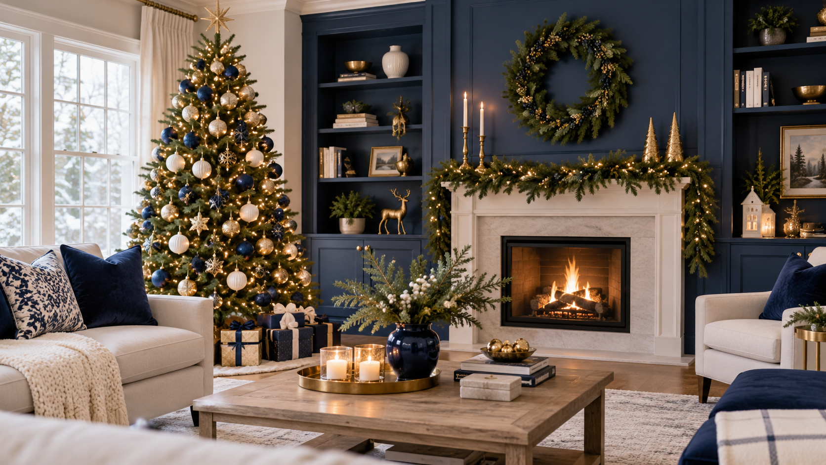 Elegant Christmas living room with navy blue painted walls, gold and white ornaments, decorated Christmas tree, and festive fireplace. Is this conversation helpful so far?