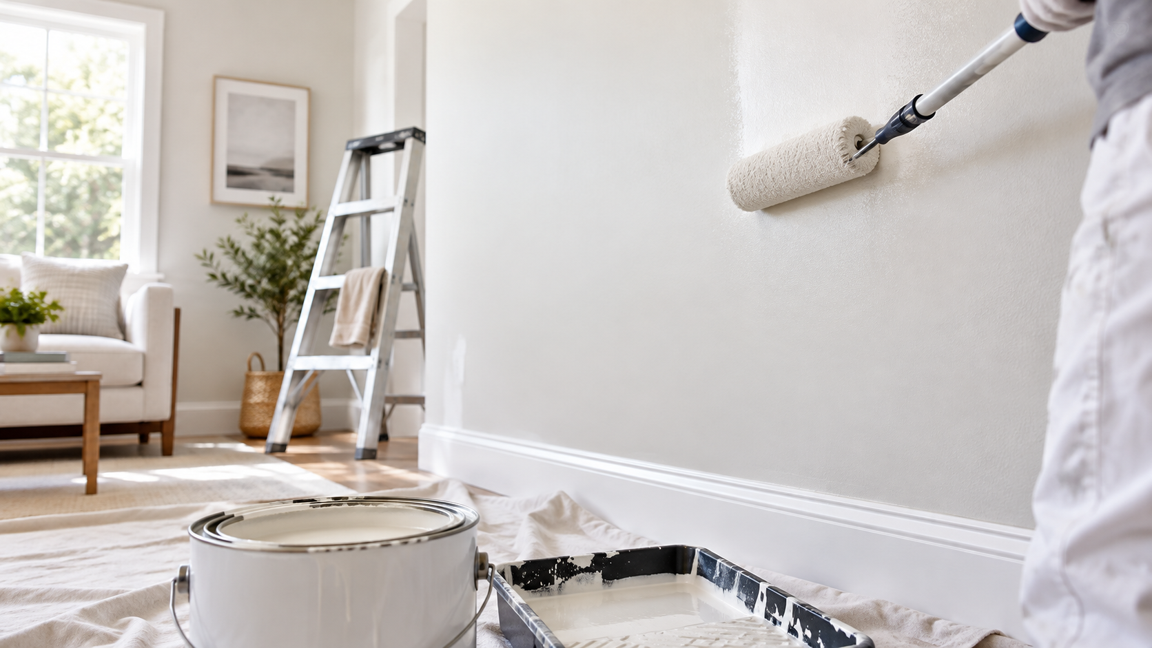 Professional painter applying white latex paint to an interior wall with a roller, paint can, and tray.