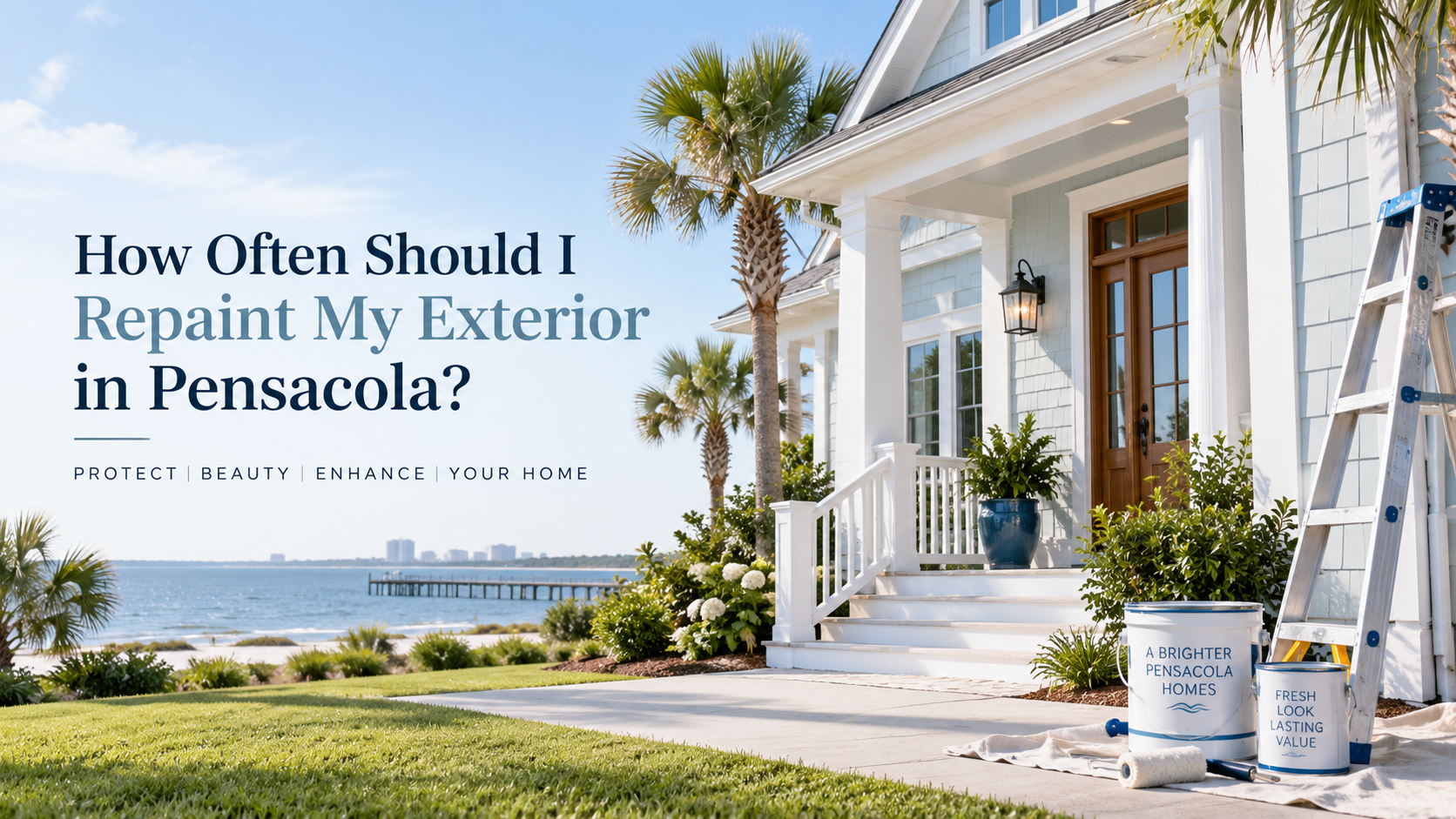 How often should i repaint my exterior pensacola home with freshly painted coastal house exterior and painting tools.