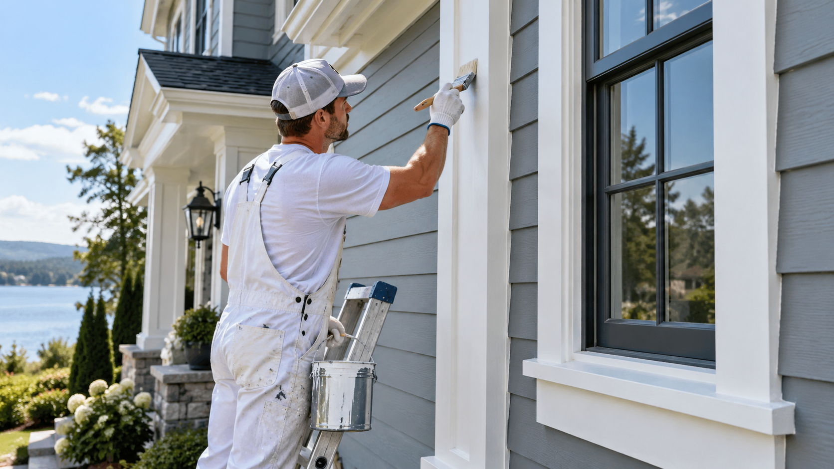 Professional house painter applying exterior paint to white window trim on a gray siding home.