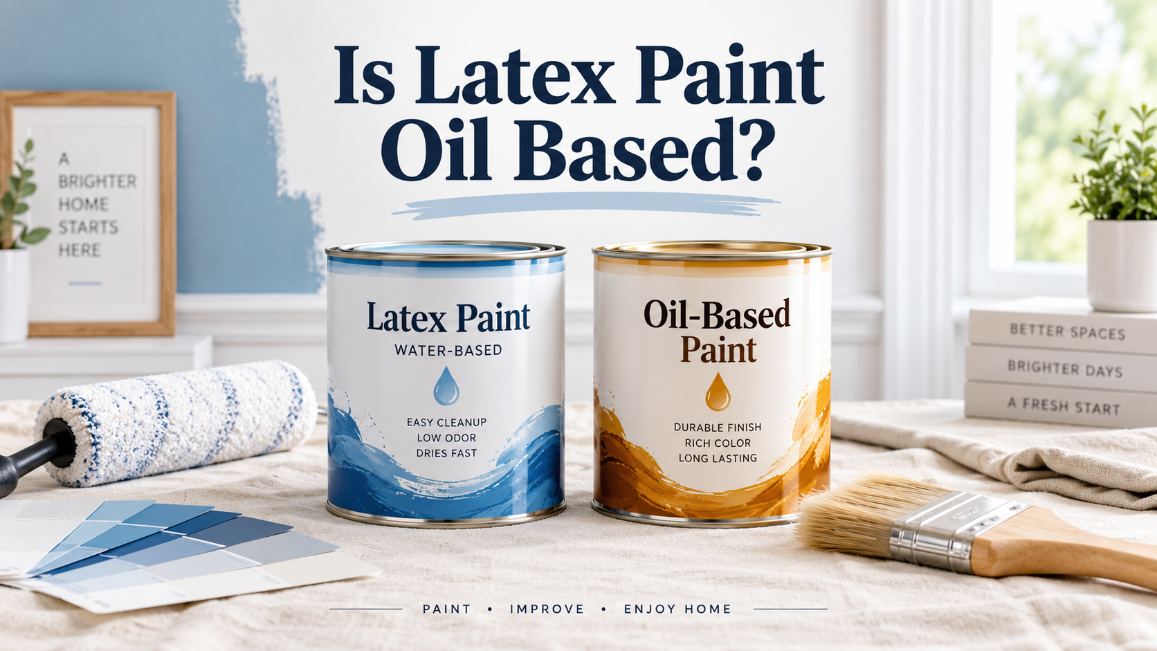 Is latex paint oil based comparison showing latex water-based paint and oil-based paint cans with painting tools.
