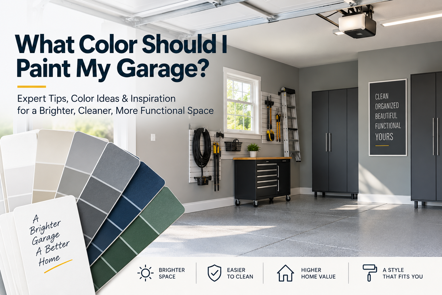 Modern residential garage with light gray painted walls, organized storage cabinets, and clean concrete flooring.
