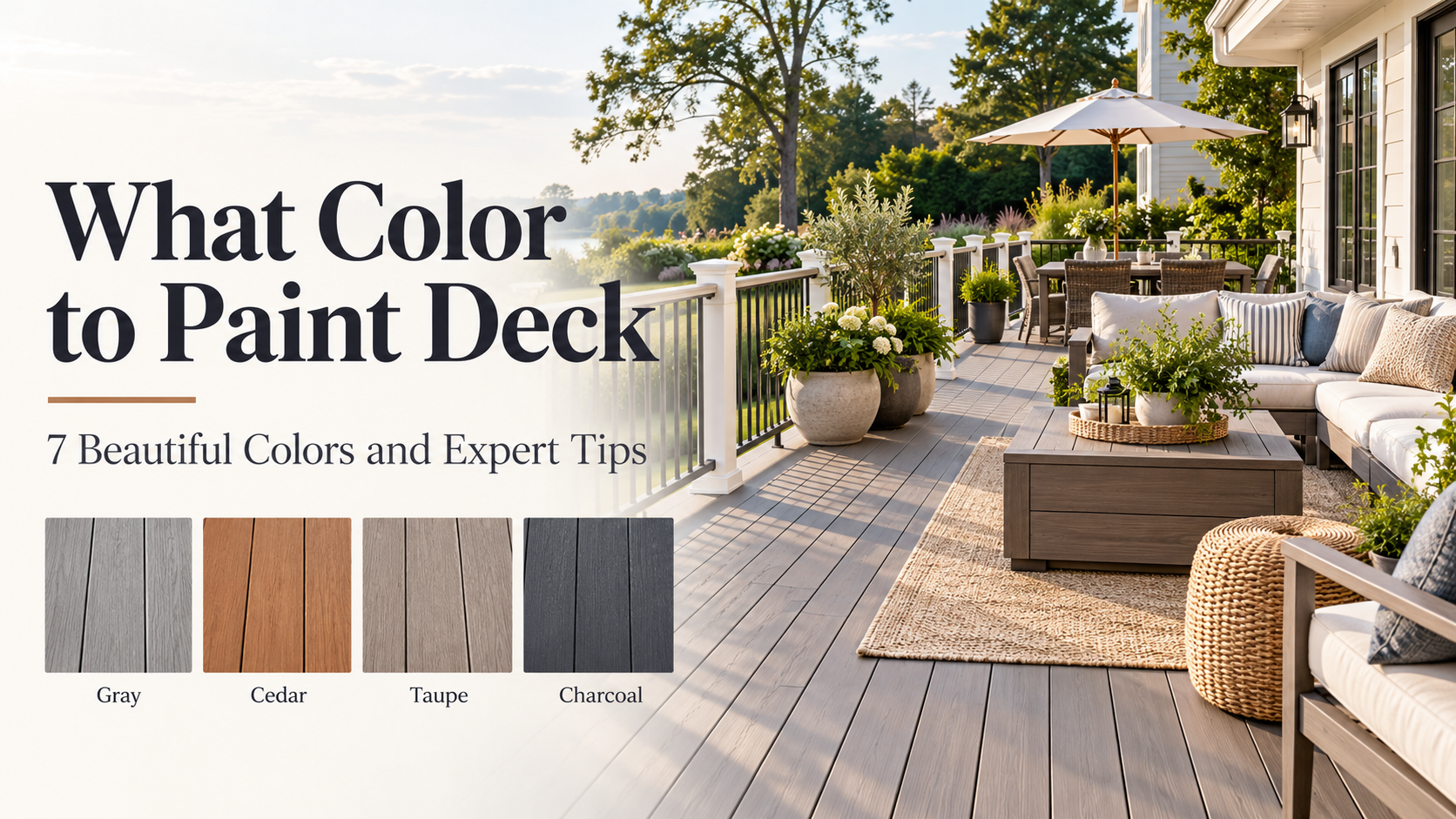 Modern outdoor deck with weathered gray flooring, patio furniture, and landscaping, showcasing gray, cedar, taupe, and charcoal deck paint color options.