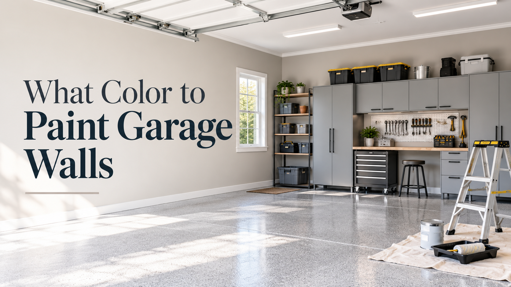 Modern garage with light gray painted walls, organized storage cabinets, workbench, and painting supplies showcasing garage wall color ideas.