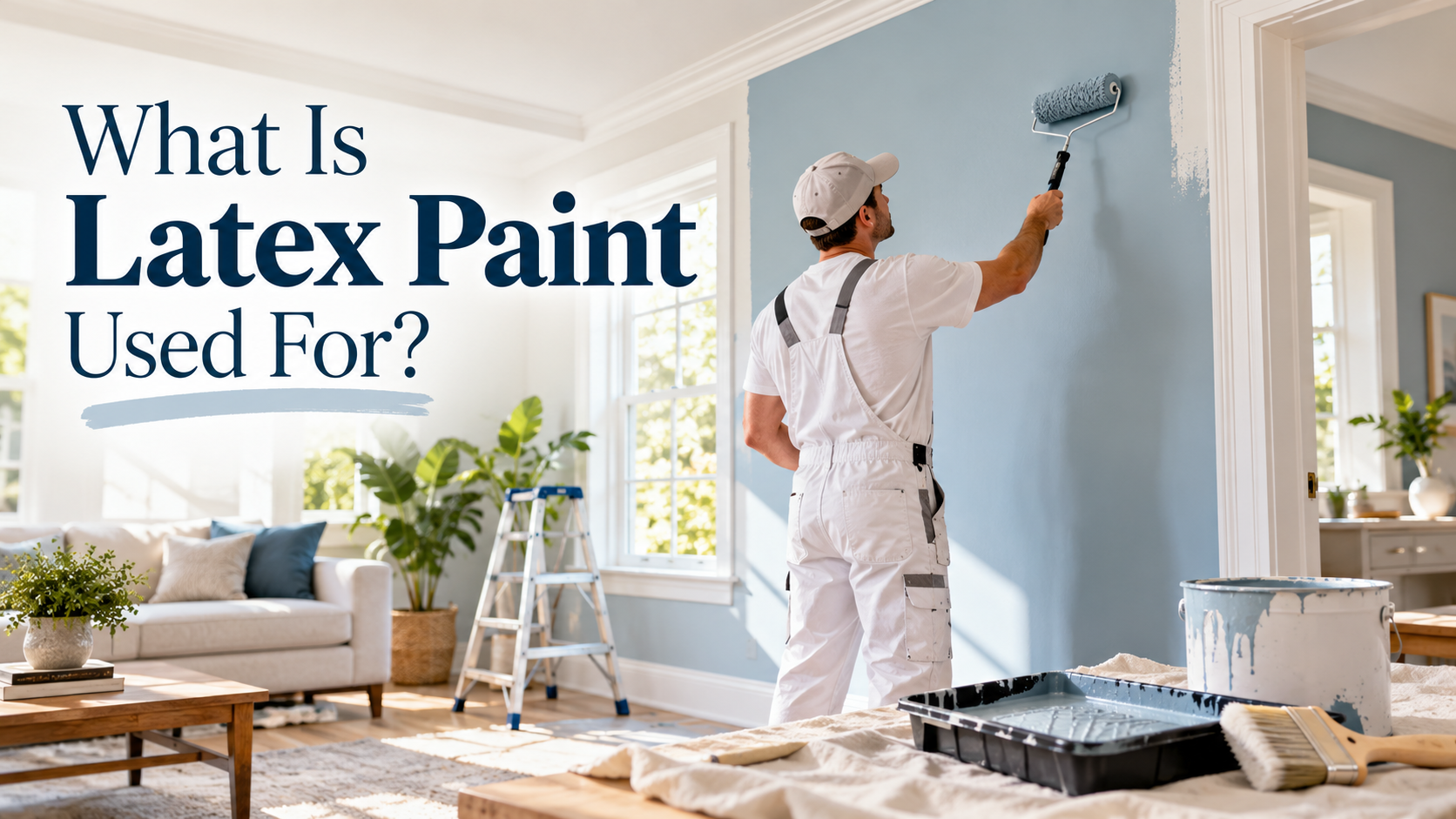 Professional painter applying blue latex paint to an interior living room wall using a roller, showing what latex paint is used for.
