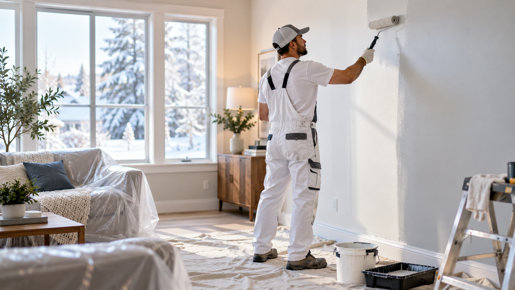 Professional painter painting an interior wall during winter with snowy trees visible through the window.