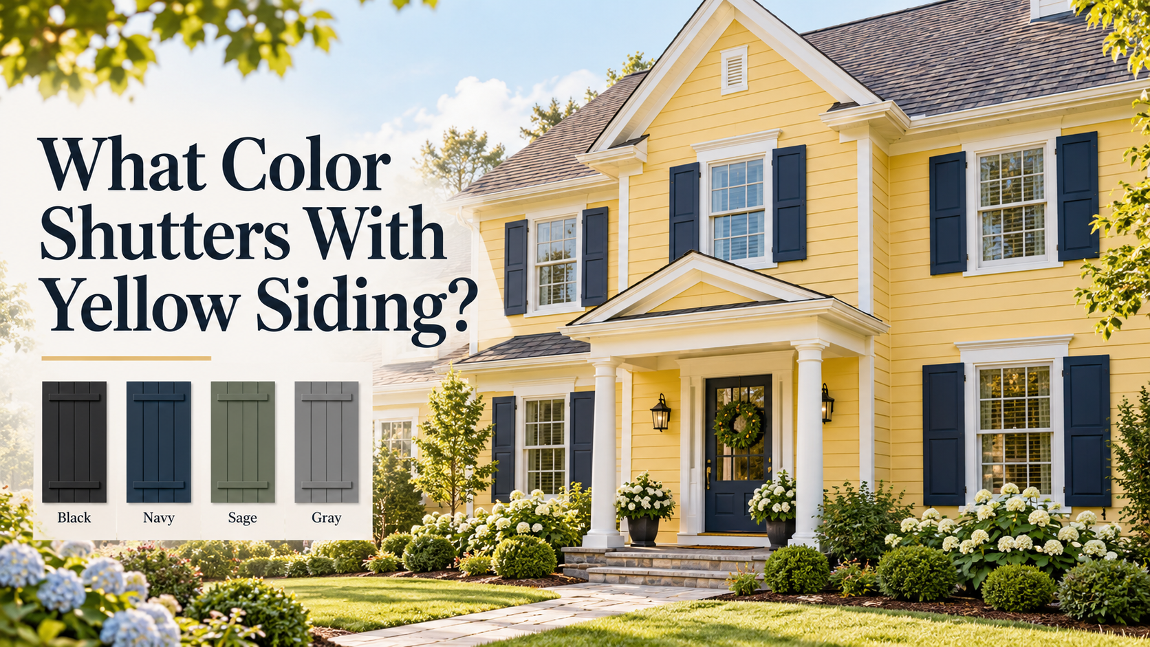 Yellow house with navy blue shutters, white trim, and landscaped front yard, featuring black, navy, sage green, and gray shutter color options.