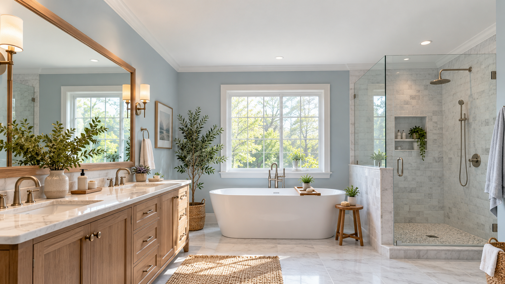 Bright bathroom with a smooth white moisture-resistant painted ceiling